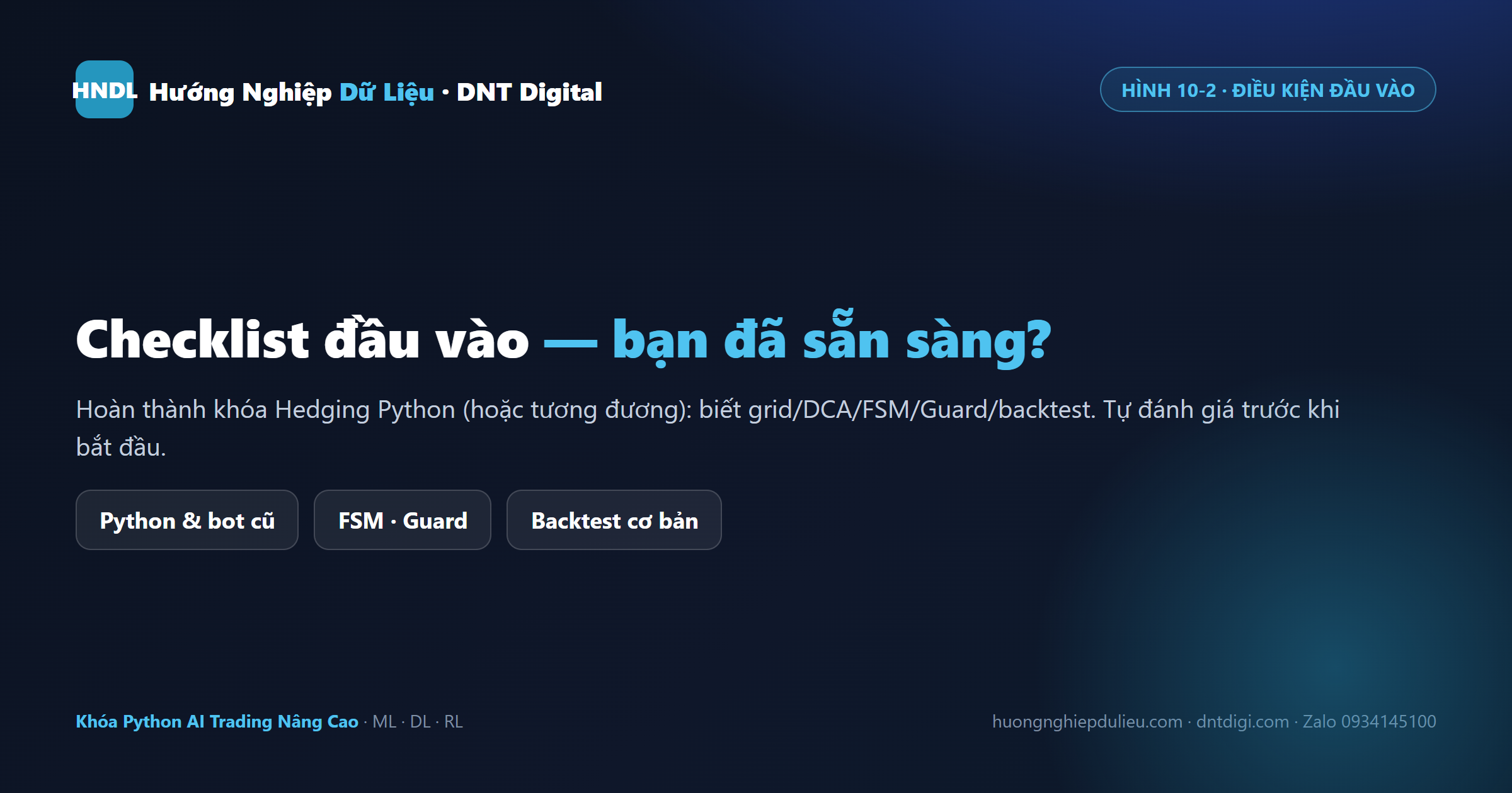 Checklist đầu vào: hoàn thành khóa Hedging Python hoặc tương đương — grid, DCA, FSM, Guard, backtest
